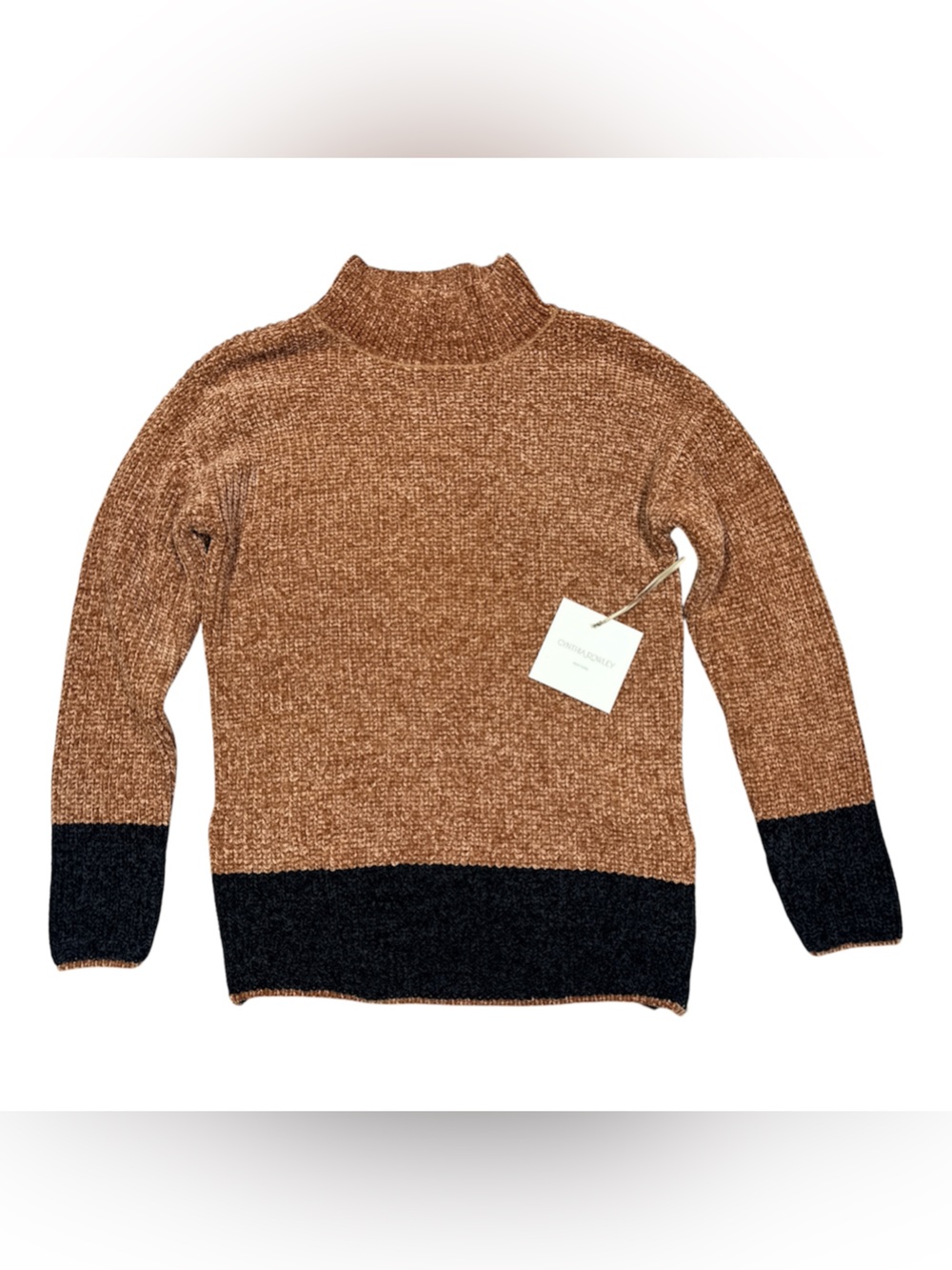 Cynthia Rowley Sweater Womens XS Brown Black Color Block Textured Knit Mock Neck